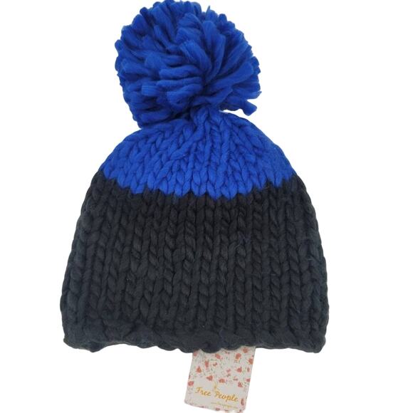 Free People Cozy Up Colorblock Blue and Black Pom Knit Beanie One Size - Picture 5 of 5